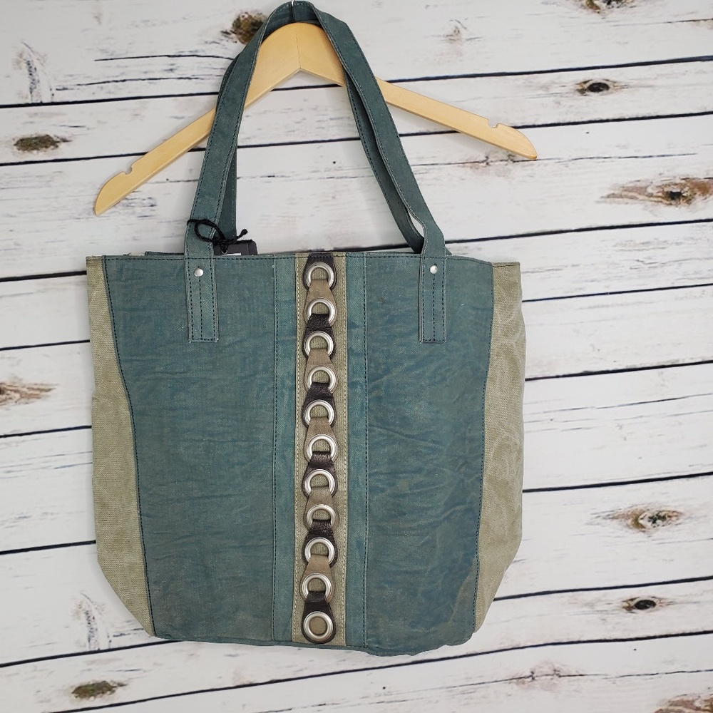 Mona B Upcycled Canvas Leather Tote Purse Blue